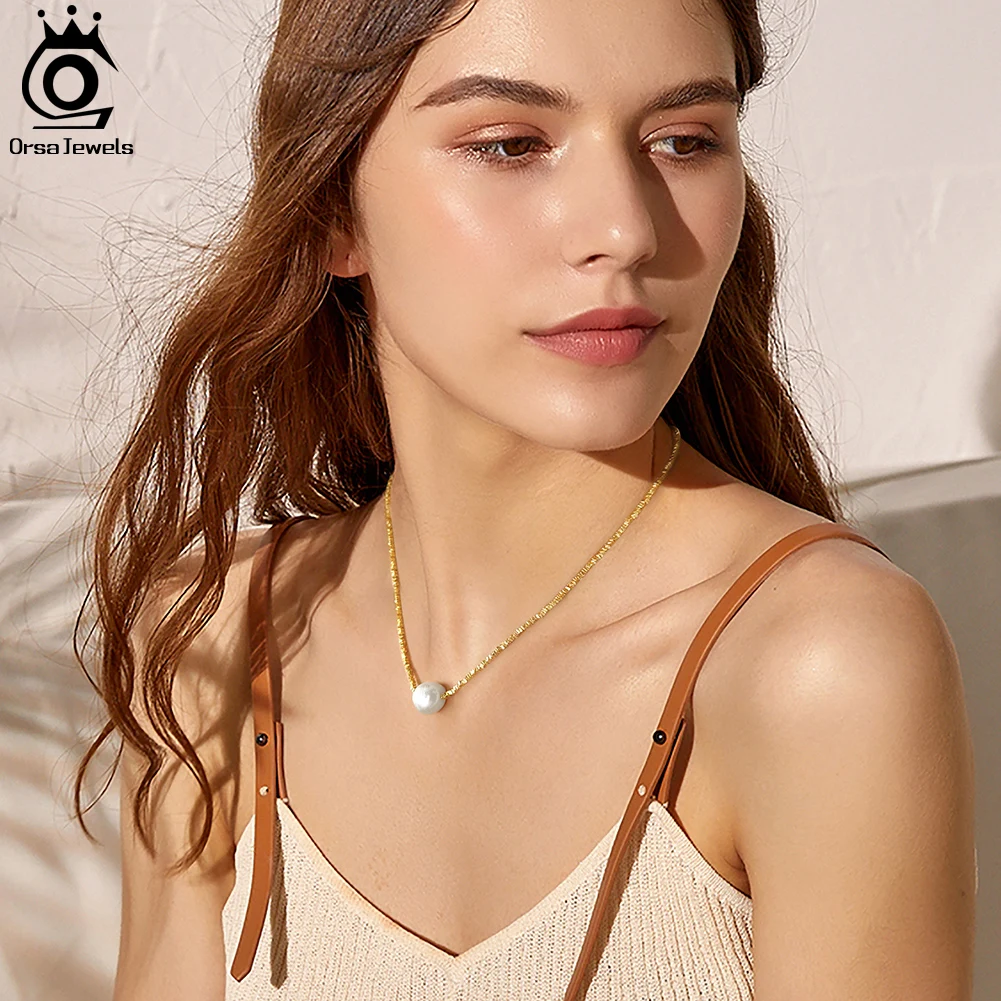 ORSA JEWELS Authentic 14K Gold Nugget Chain Necklace with 11mm Natural Freshwater Pearl Pendant for Women Handmade Jewelry GPN36