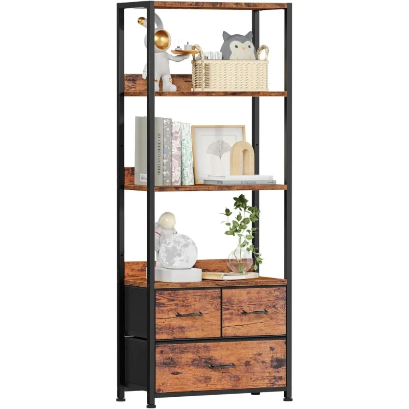 

Furologee 59" Tall Bookcase Storage Shelf 4-Tier, Industrial Bookshelf Rack with 3 Fabric Storage Drawers, Wood Top for Photos