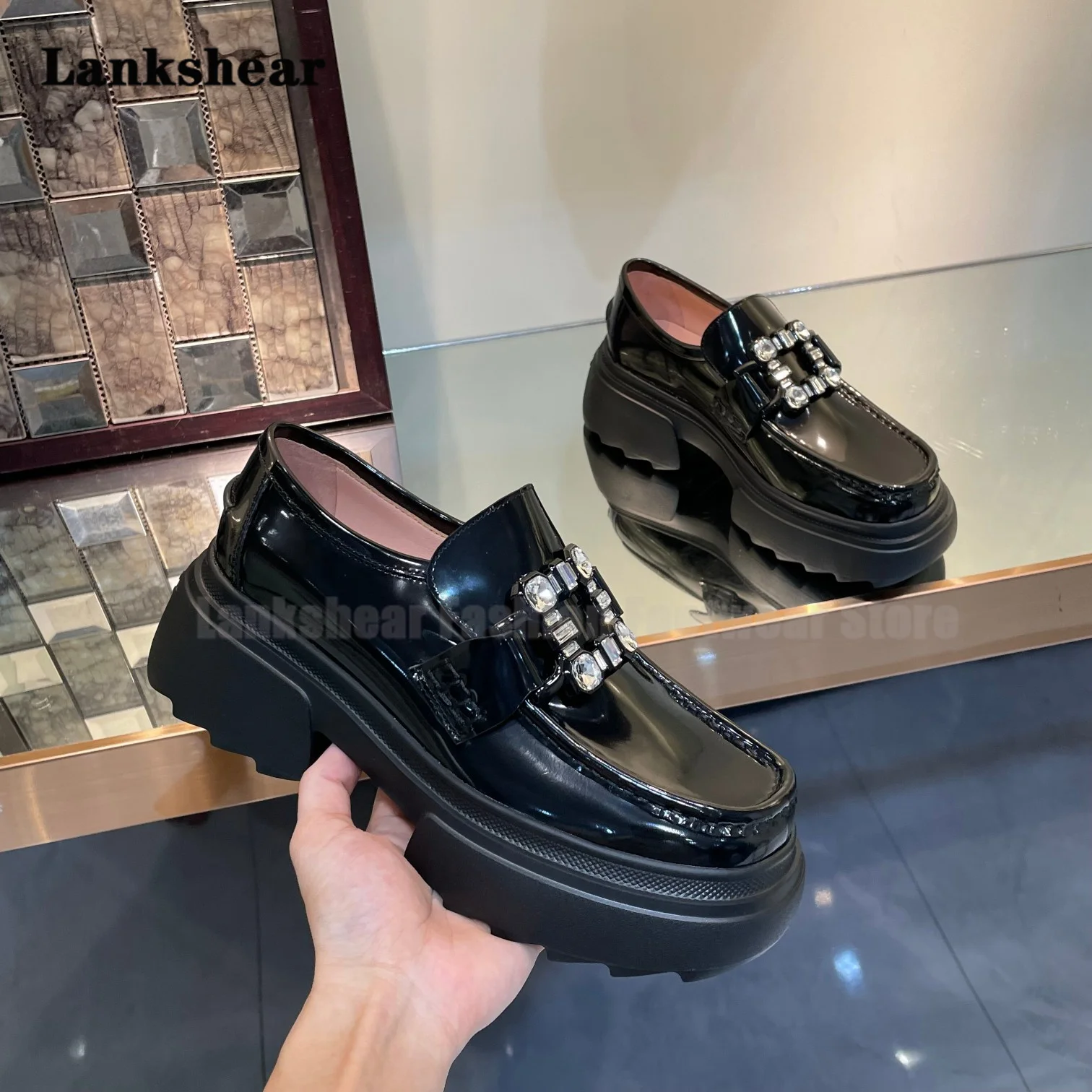 Patent Leather Thick Sole Loafer Leather Shoes Women's Casual Shoes Autumn New Square Buckle Rhinestones British Single Shoes