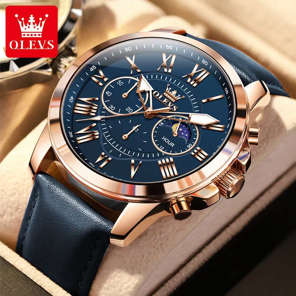 

OLEVS Brand Luxury Chronograph Quartz Watch for Men Leather Waterproof Date Fashion Moon Phases Watches Mens Relogio Masculino