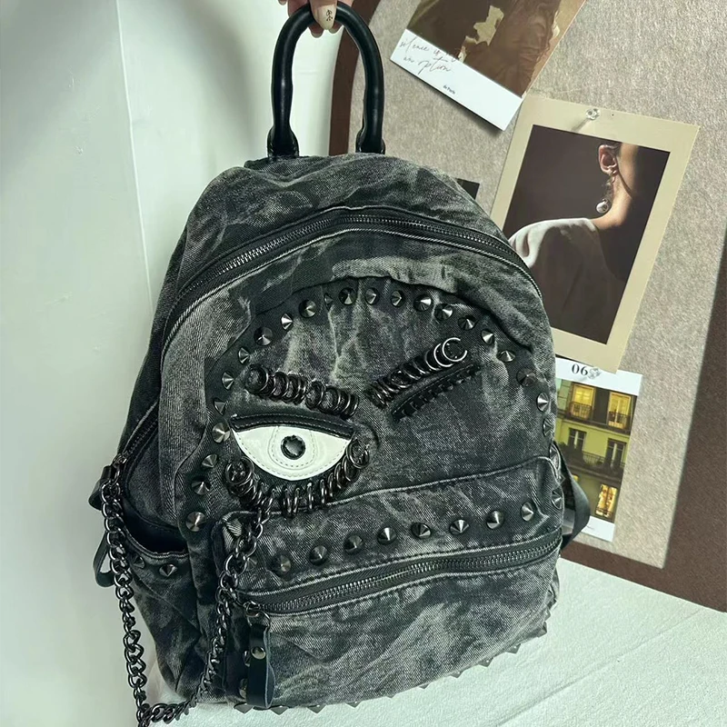 Vintage Washed Denim Backpack Punk Metal Rivet Chain Design Motorcycle Bag Gothic Streetwear Multi-pocket High Quality Backpack
