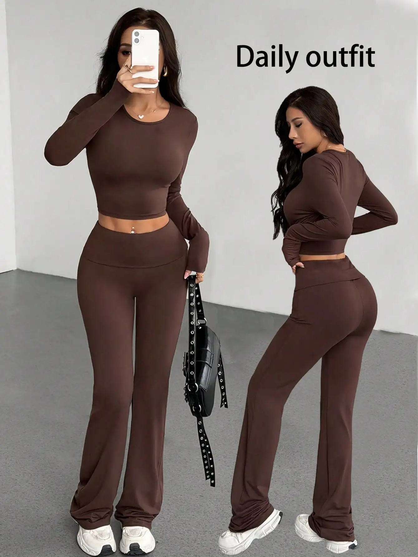 브라운 여성용 2피스 긴팔 크롭탑 & 하이웨이스트 팬츠 세트, 데일리 캐주얼 스트리트웨어, 가을