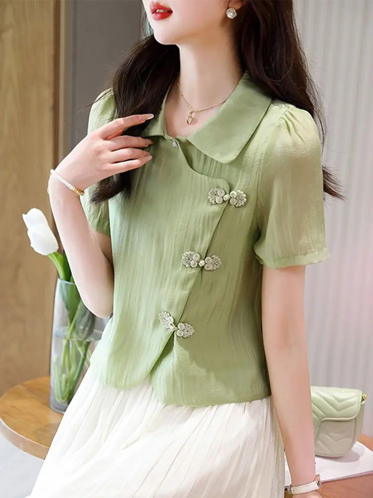 

New Summer Short-sleeved Shirt for Women Light Green Short Top Improved Version New Chinese Style Chinese Style Buckle