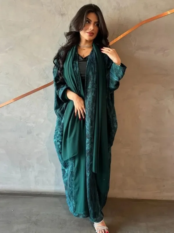 Eid Ramadan Abiti da donna musulmani Abaya con sciarpa Stampa Abito lungo da festa Cardigan Marocco Caftano Abiti Dubai Robe Jalabiya