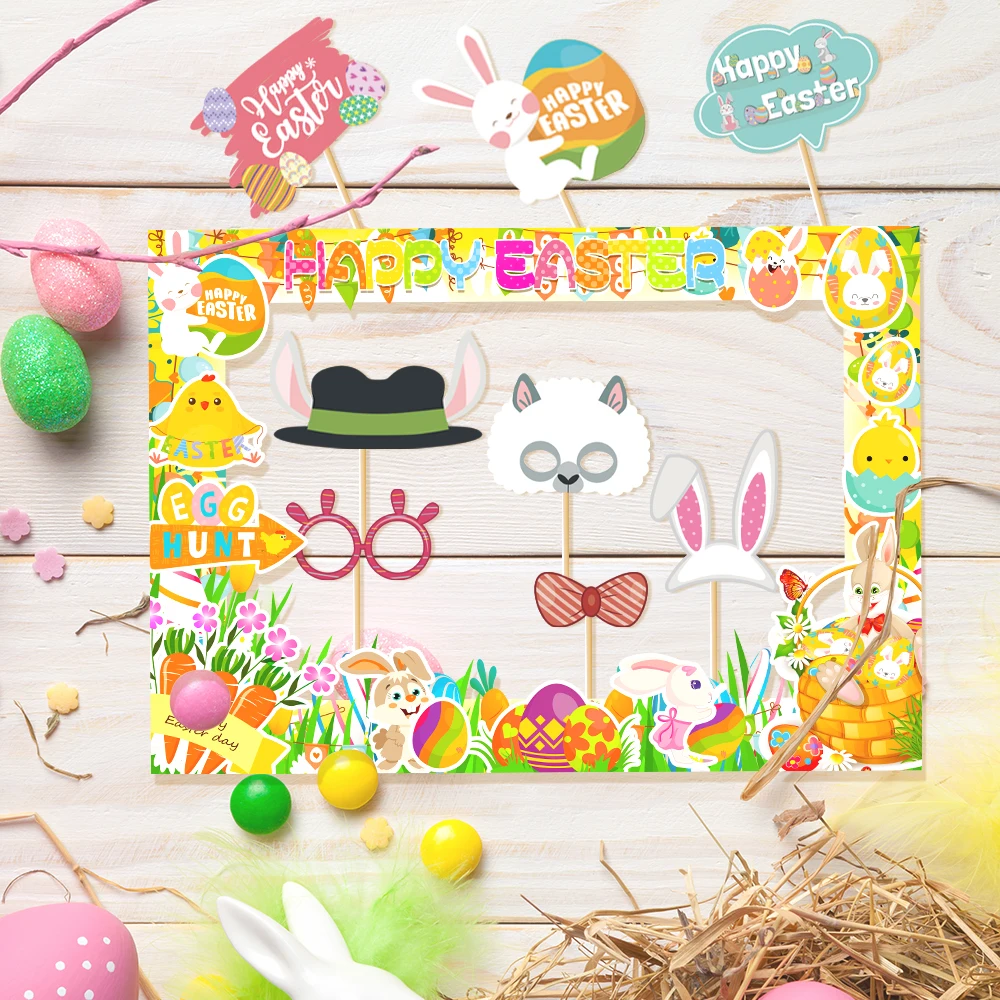 1set Easter Paper Photo Booth Props Funny Bunny Eggs Photo Frame Selfie Props Kit for Kids Happy Easter Party Favors Decorations