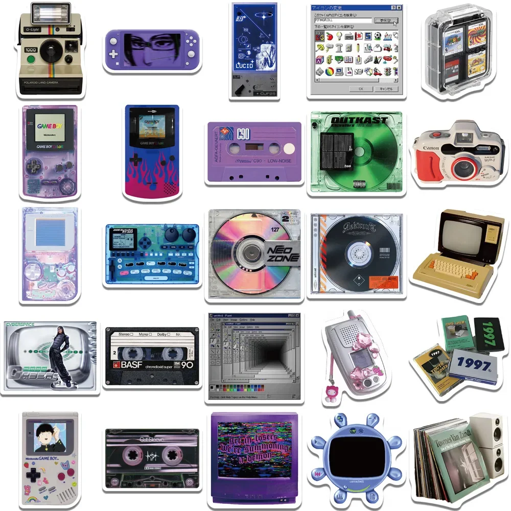 50 pçs telefone do vintage cd fita adesivos retro dos desenhos animados equipamentos decalques da motocicleta portátil mala notebook adesivo à prova dwaterproof água presentes