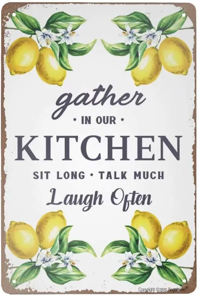 Retro Tin Sign Vintage Metal Gather in Our Kitchen Sit Long Talk Much Laugh Often Wall Poster Plaque for Home Bar C