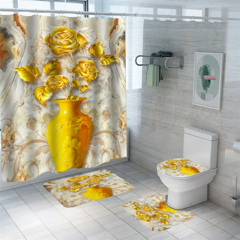 Golden Rose Shower Curtain Flowers Bathroom Curtain For Valentine's Day Bathtub Decor Waterproof Rose Bath Curtains With Hooks