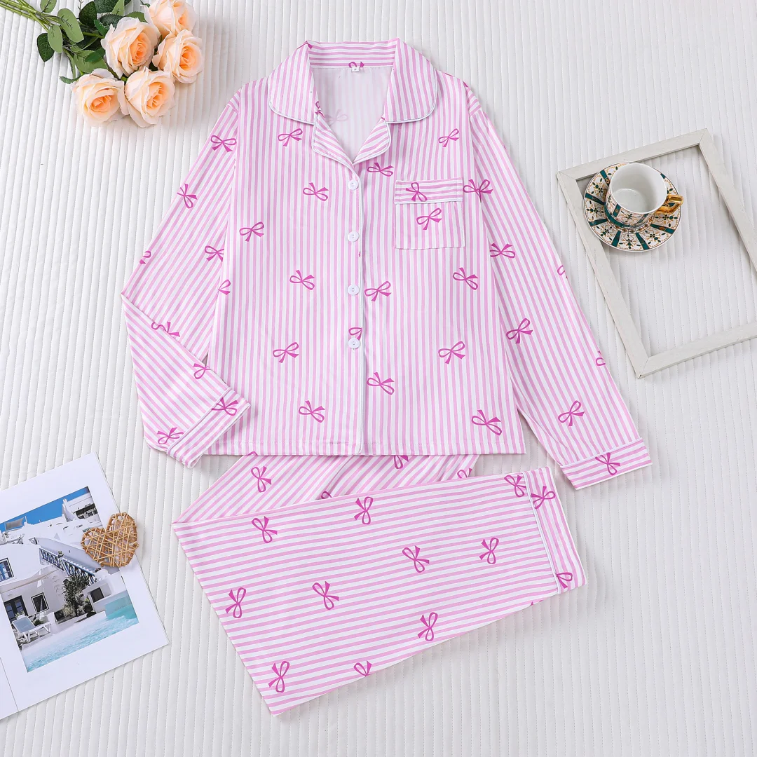 

Pink Women Pajamas Set with Bow Stripes Print Lapel Long-sleeved and Long Pants Cardigan Home Wear Christmas Gifts
