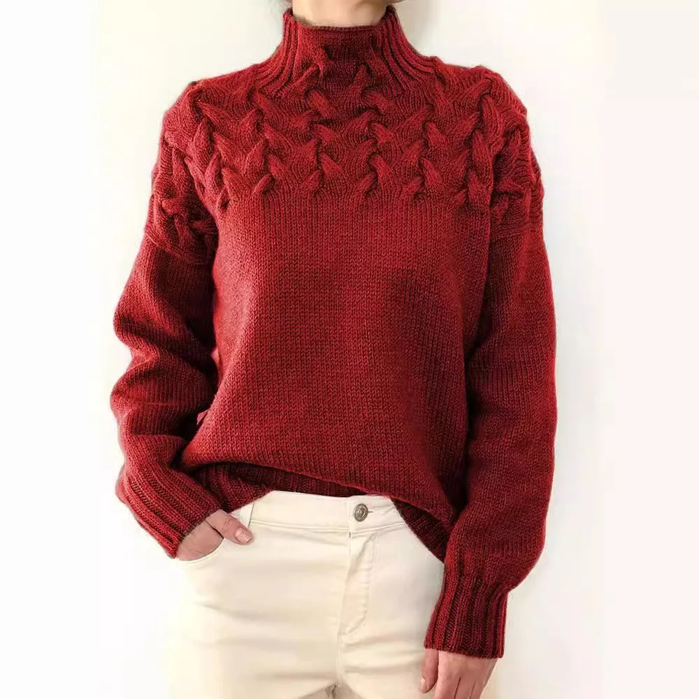 

Fashionable High Neck Long Sleeve Sweater 2025 New Women's Independent Station Cable Knit Details Elegant Commute Style