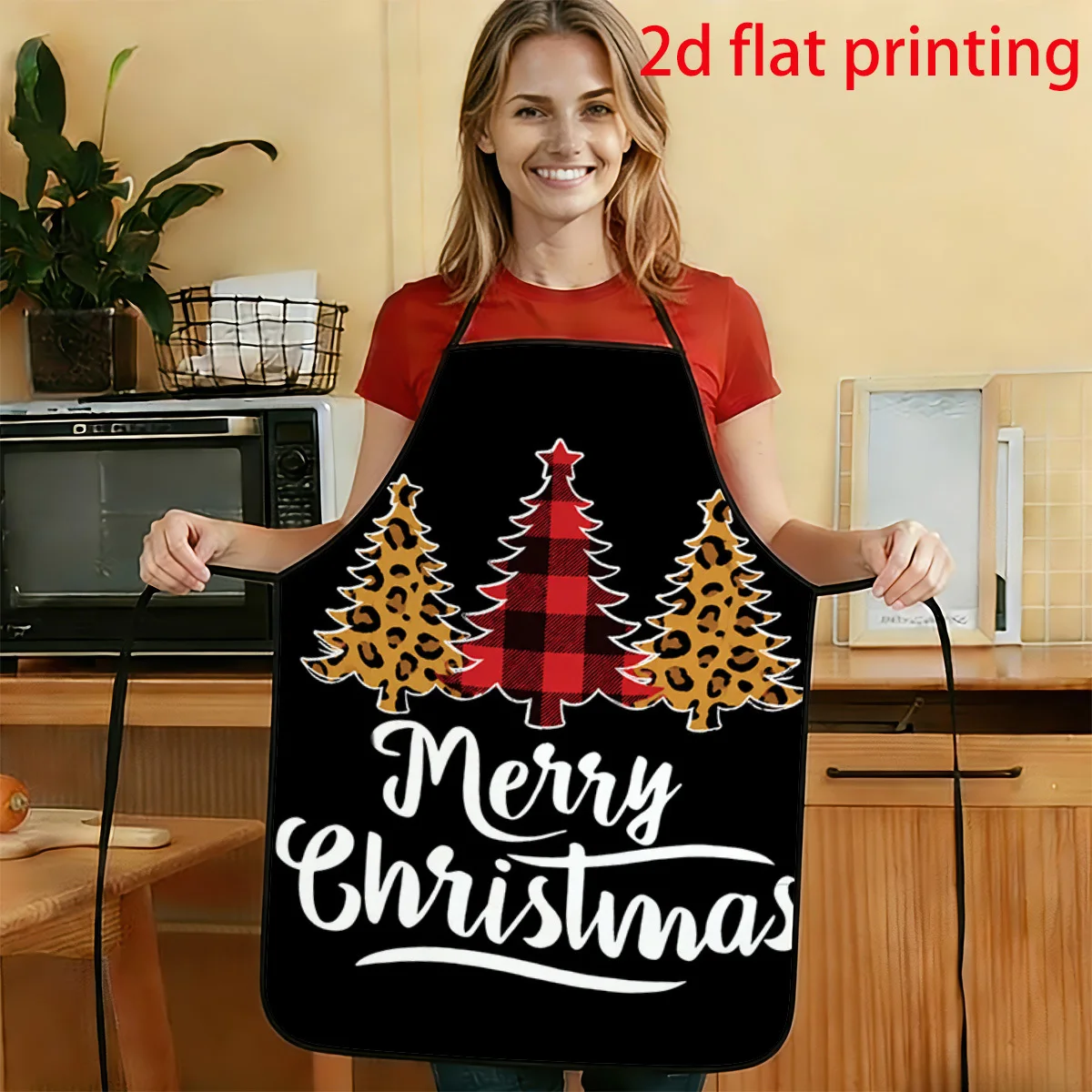 1pc & XL American Country Style Plaid Leopard Print Christmas Tree Apron With Blessing Text - Adjustable Waistband Durable Polye
