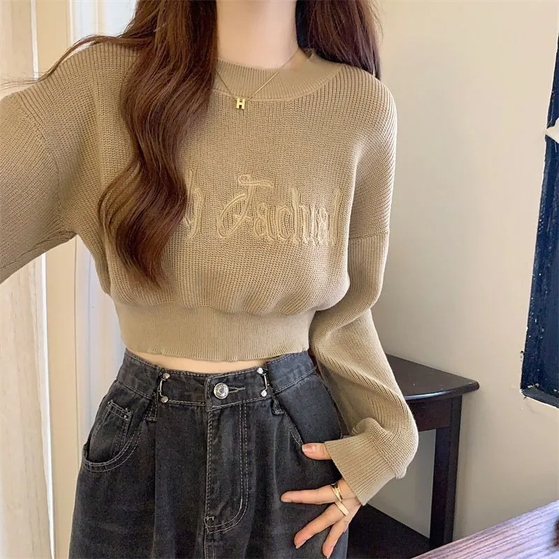 Pullovers Women Slim-fit Flattering Waist Spring Autumn Solid Hot Girls Long Sleeve Knitted Tops Letter Embroidery Sexy Chic