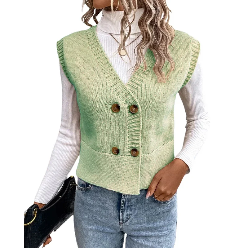 Damen gestrickte kurze Weste, V-Ausschnitt, zweireihig, lässiger Pullover, Strickjacke, neu