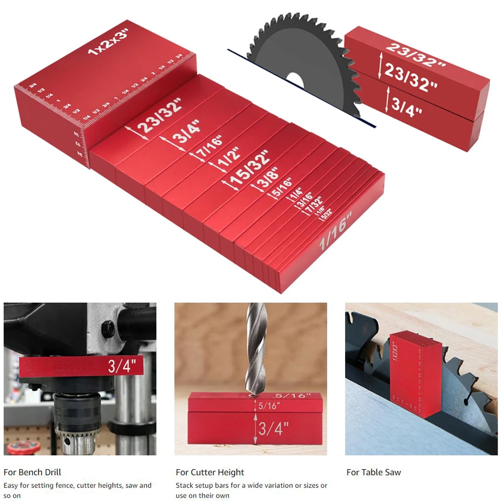 15Pc Setup Blocks Height Gauge Set  Precision Aluminum Setup Bars for Router and Table Saws Woodworking Set Up