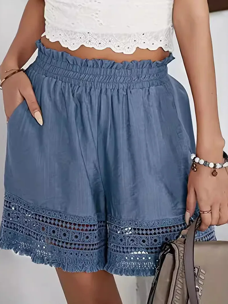 กางเกงขายาวเอวสูงลำลองแต่งลูกไม้สไตล์สตรีททรงตรงไม่สมมาตร ผ้าใยโพลีเอสเตอร์ ไม่ต้องรีด ใส่สบายในฤดูร้อน