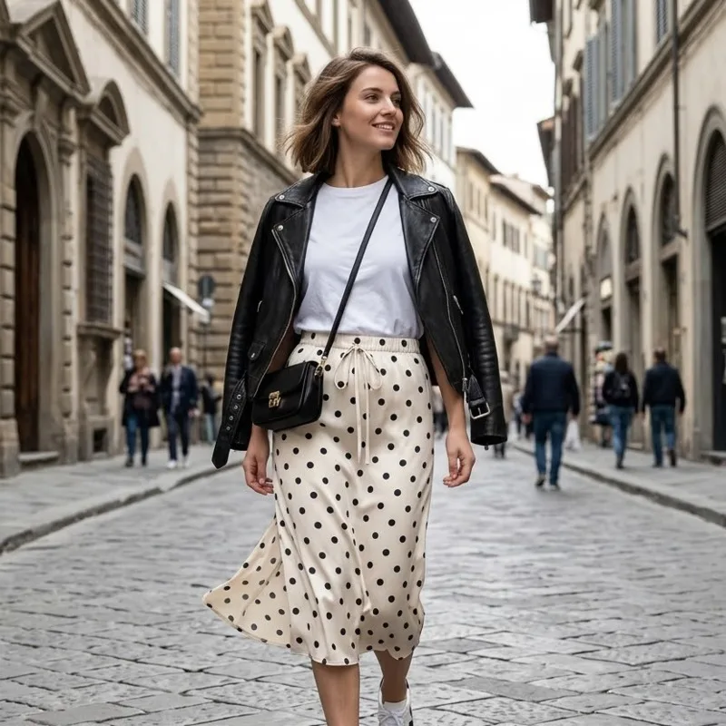 

Vintage Satin Polka Dot Drawstring Midi Skirt Slimming High Waist Bodycon Elegant Retro For Women Date Night Party Birthday