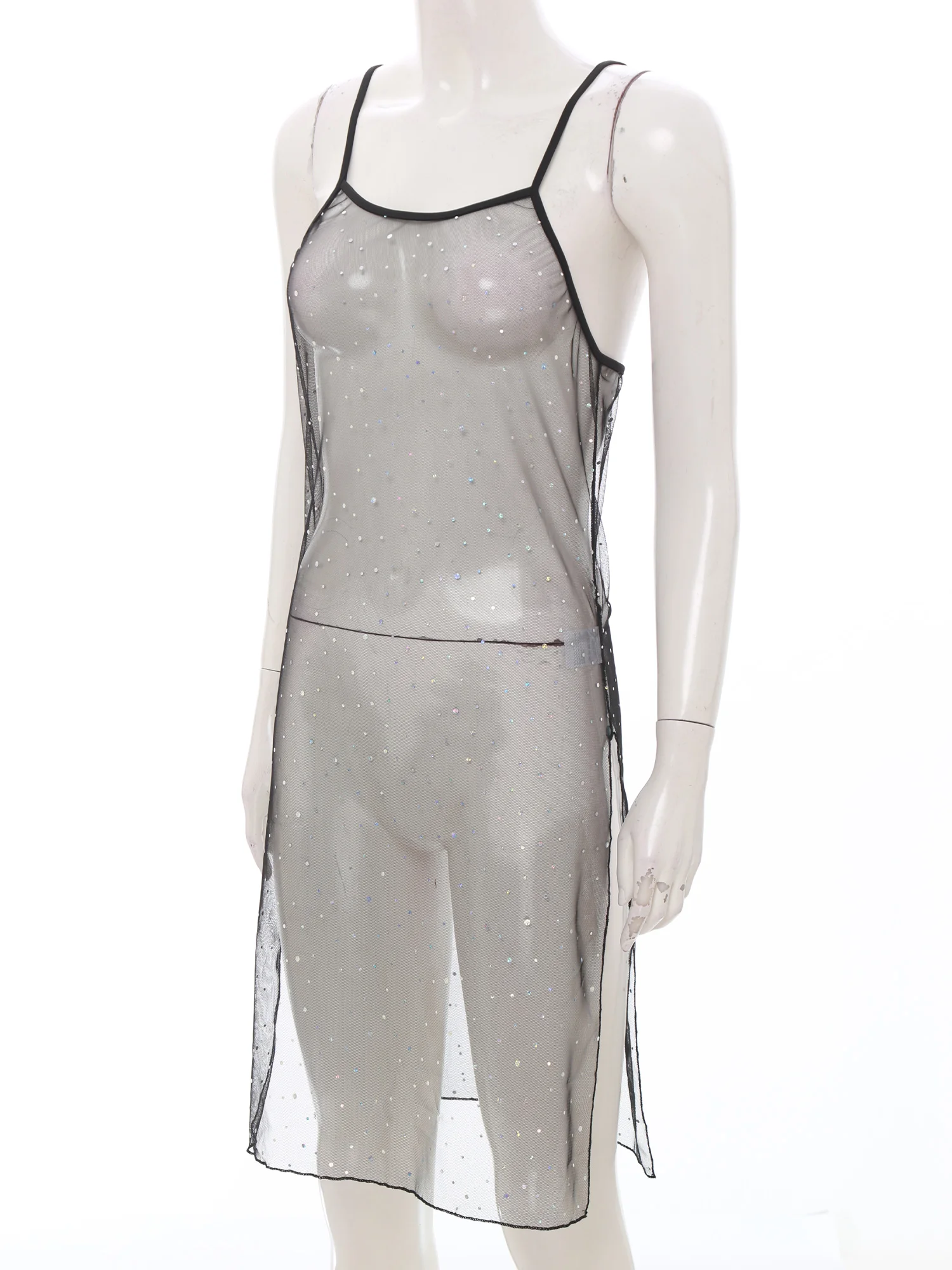 Womens Shiny Sequined Sheer Mesh Sling Dress Side High Slit Midi Dress See Through Cover Up Dress for Bikini Bathing Suit