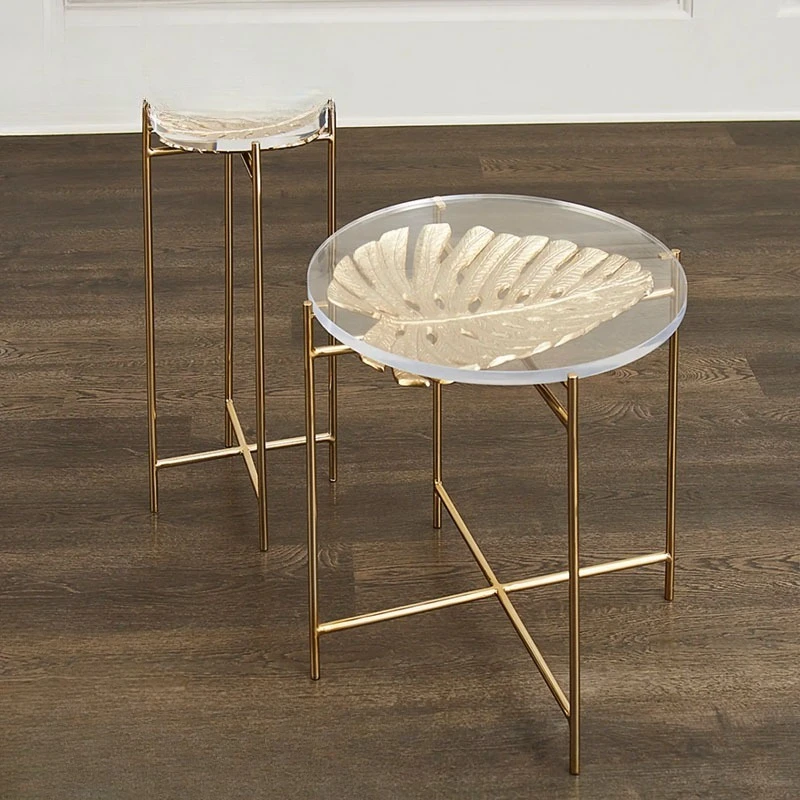 

Italian light luxury acrylic, golden leaf coffee table designer villa home sofa, edge metal, wind creative corner