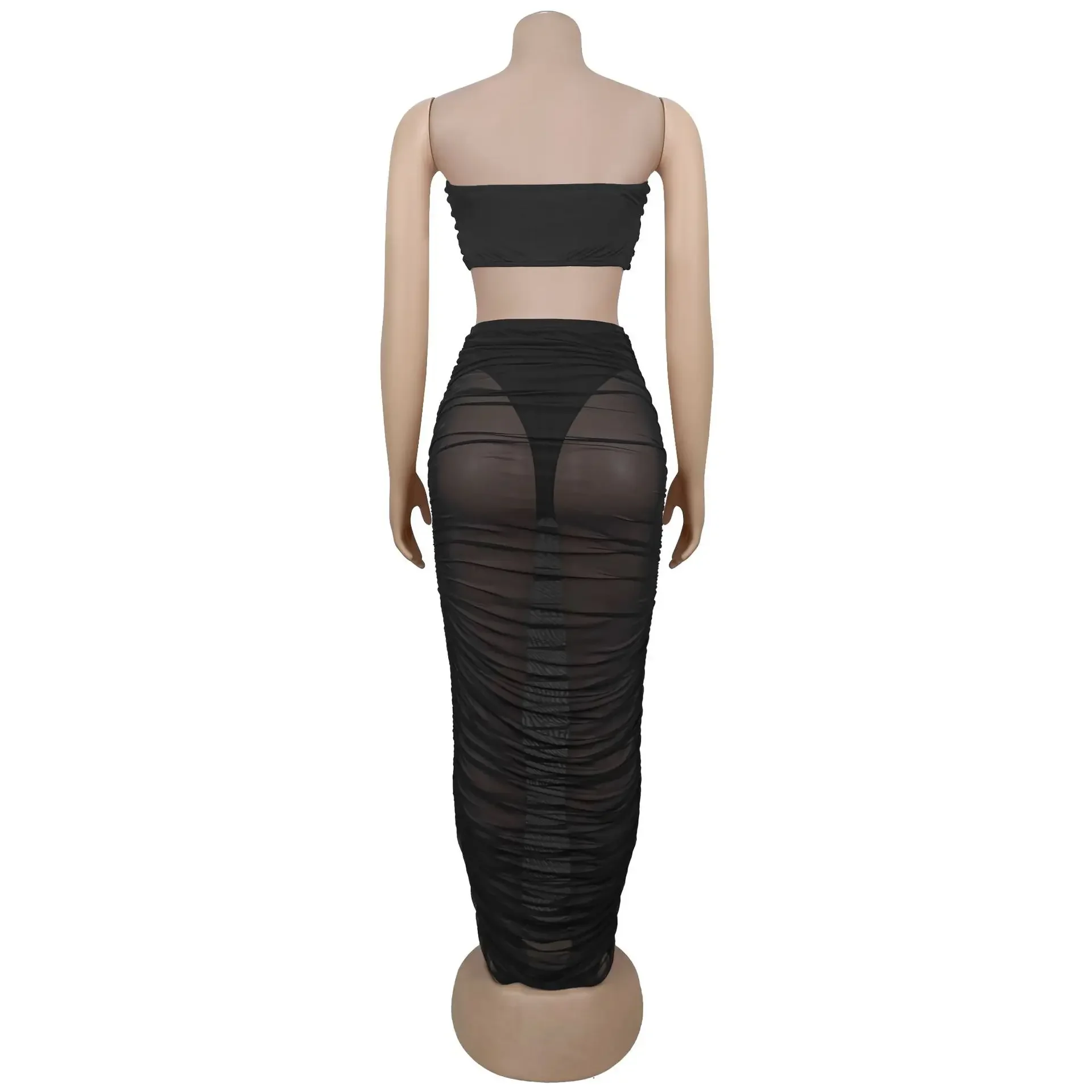 Women's Set Mesh Ruched Sleeveless Strapless Tops and Long Skirts Suit Fall Sexy Party Birthday Holiday Two 2 Piece Set