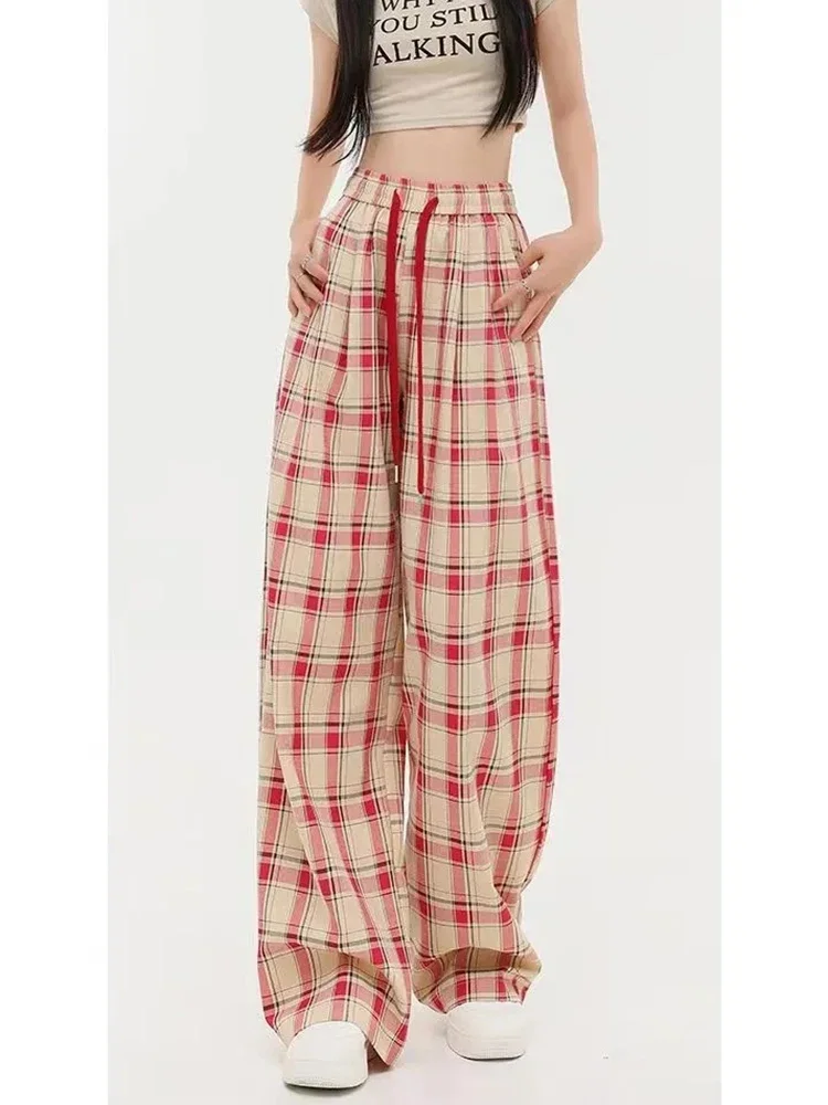 Vintage vrouwen losse geruite broek hoge taille casual kanten wijde pijpen broek Koreaanse retro alle match vrouwelijke zomerbroek