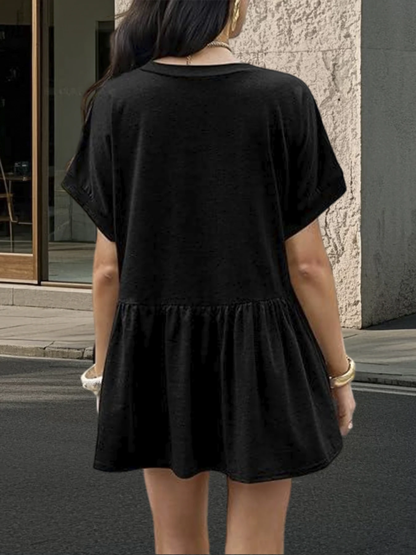New Summer Women's Wear Western Style Loose Babydoll Shirt High Waist Slimming Pleated V-neck T-shirt