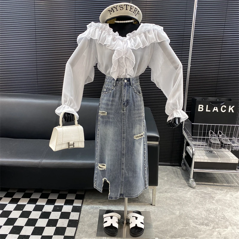 New fashion Designer Famous brand rivet hole Denim skirt summer Retro Distressed A-line Medium length skirt 