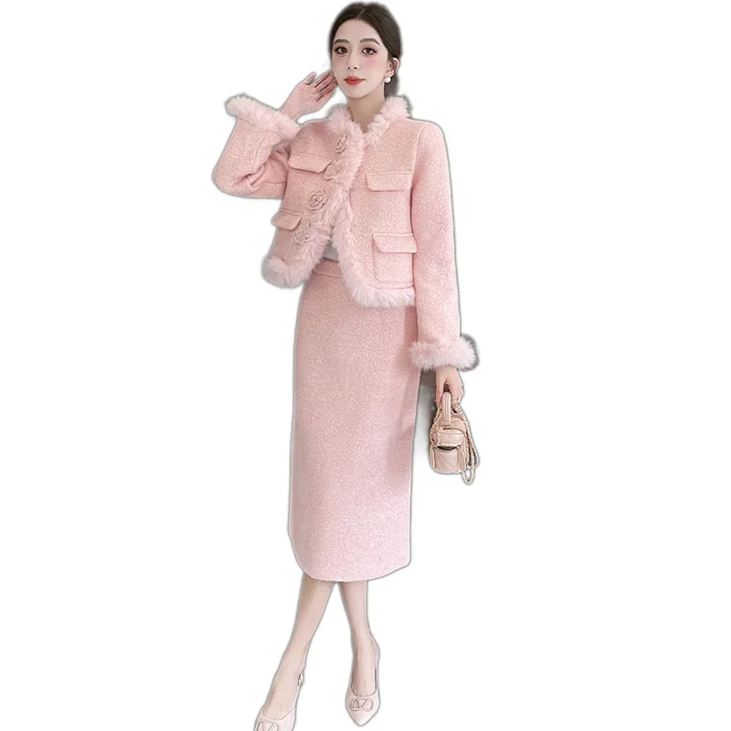 Winter Women Thicken Cotton-padded Warm Skirt Suits Fashion Fur Patchwork Short Jacket And High Waist Long Skirt Two Piece Set