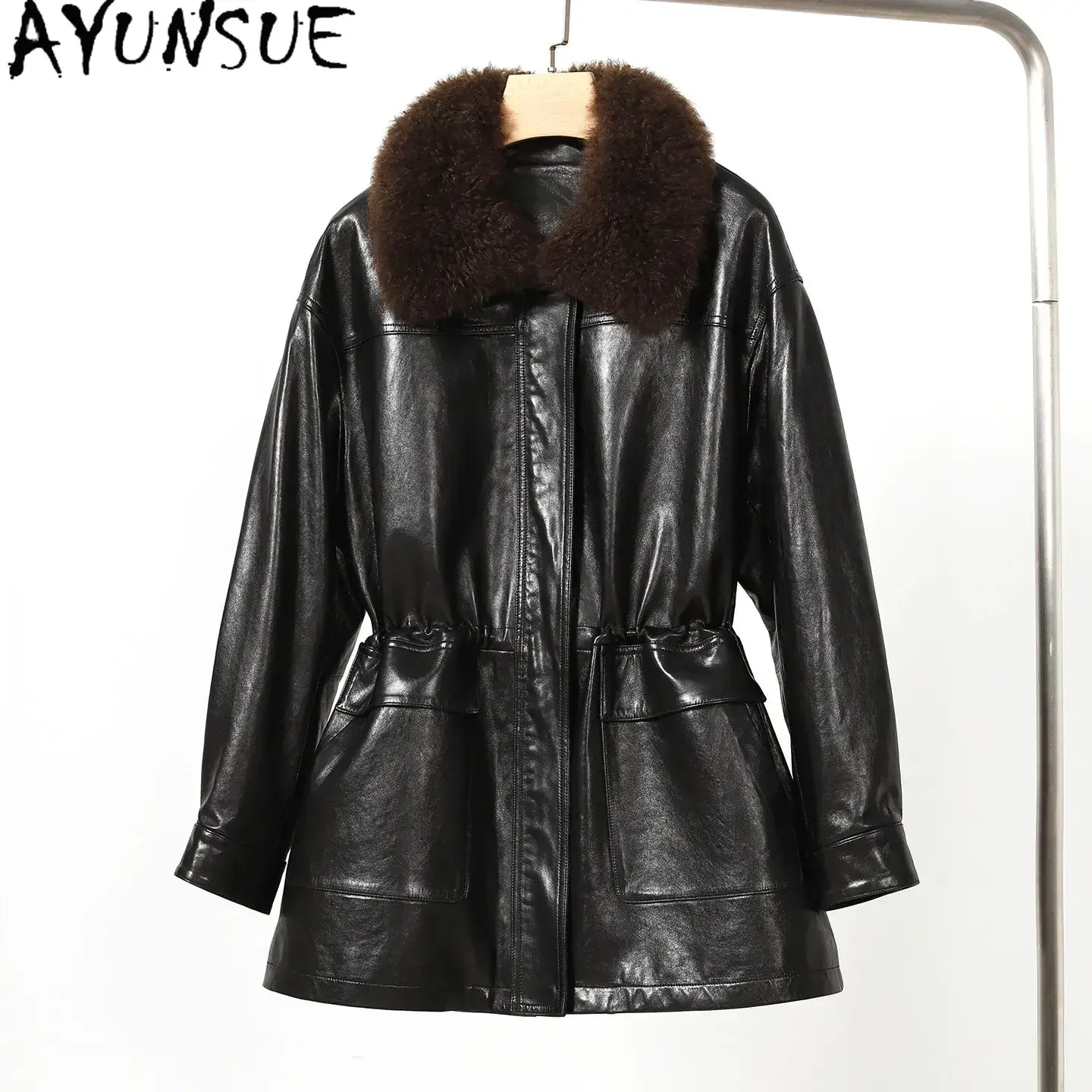 AYUNSUE Natural Sheepskin Real Leather Jacket Women 90% White Goose Down Coat Woman Cashmere Collar Warm Winter Clothes Mid-long