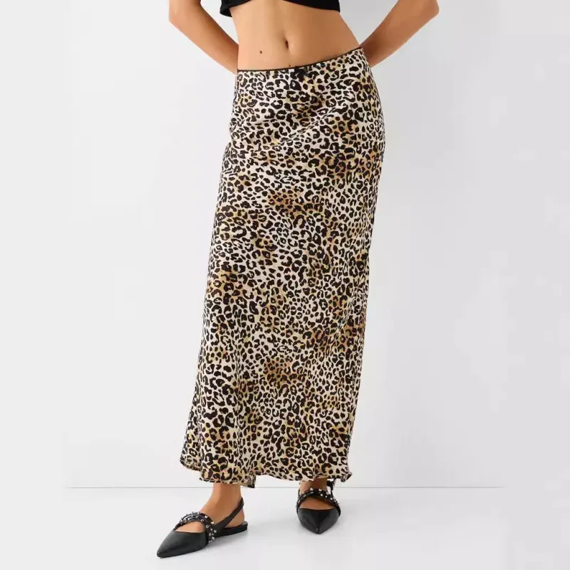 

Women Vintage Leopard Trumpet Skirts Female Street Chic High Waist Long Skirt Autumn Office Slim Split Skirts