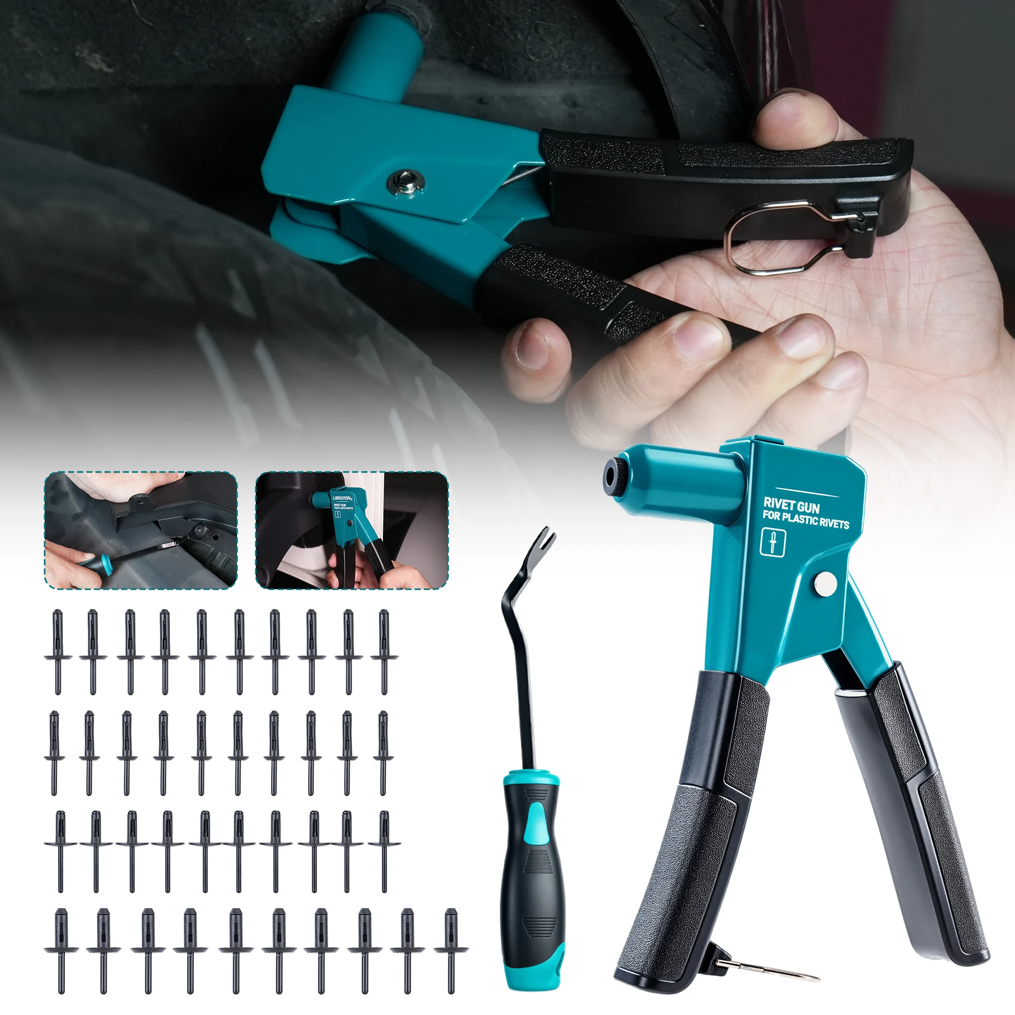 LIBRATON Plastic Rivet Gun Kit with Fastener Remover, Hand Riveter with 90-Degree Angle, 40 Nylon Rivets for Automotive Repair
