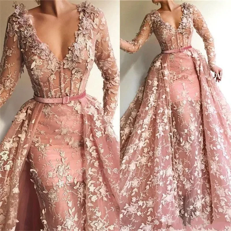 Customized Arabic V Neck Prom Dresses with Detachable Train Lace Appliques Vintage Overskirt Evening Gowns Formal Party Dress