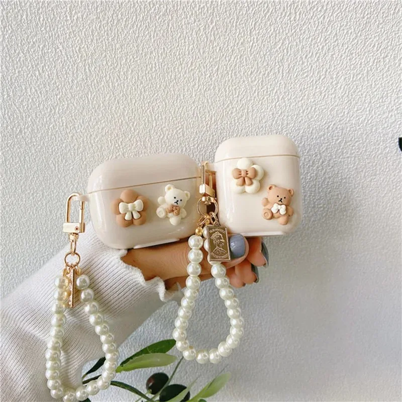 For AirPods 3 Case For AirPods Pro 3 2 1 Cover Cute bear Korean Pearl chain Earphone case airpods3 hearphone Protect Cover