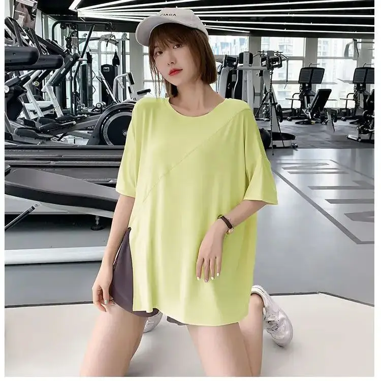 AllSeason Sport Women Solid Casual Sun Protection Shirt Pullover Short Sleeve Slim Tees Top Gentle Sexy Blouse Soft Gym Split