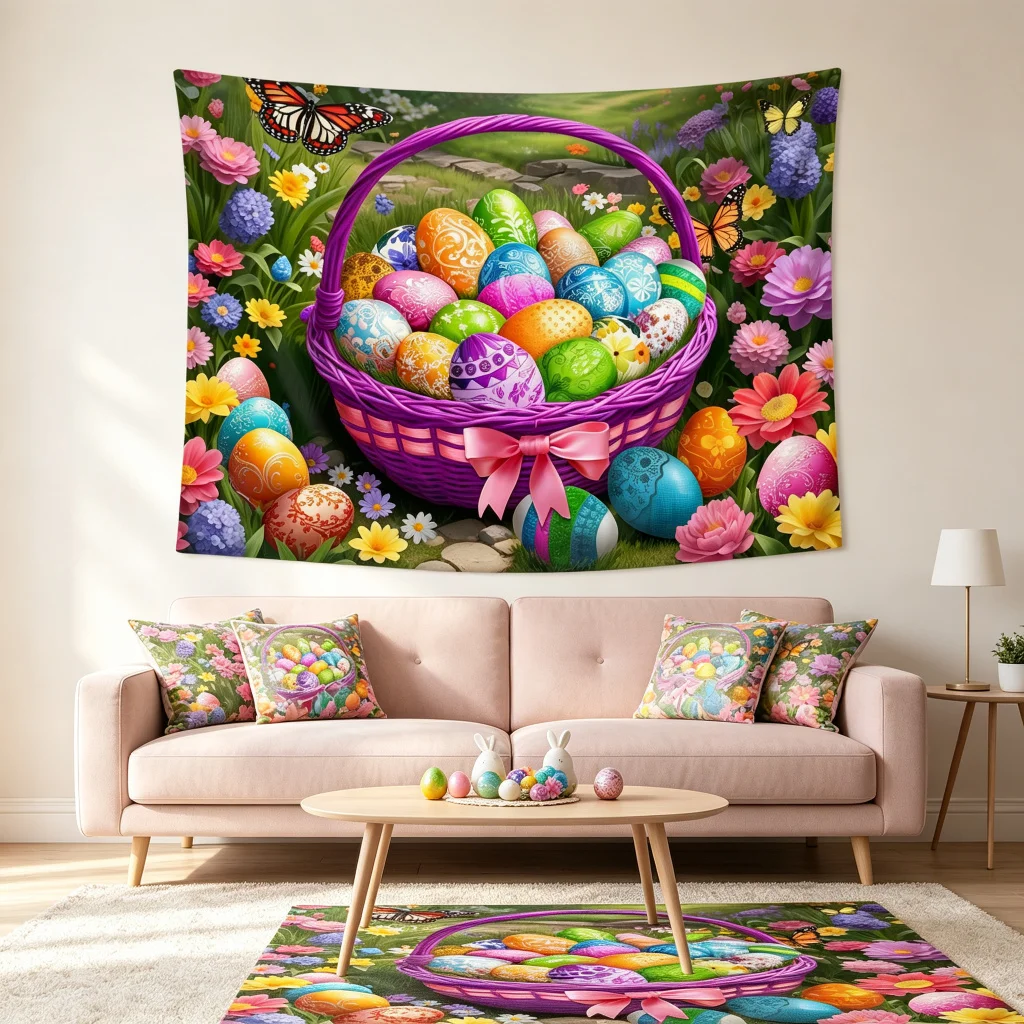 1PC Easter Egg Basket Art Print Backdrop Banner, Bedroom Living Room Photo Background, Polyester, Home Decor, Wall Art