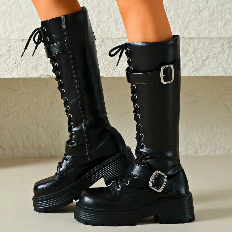 Platform Chunky Sole Women Knee High Boots Lace Up Double Buckle Side Zipper Shoes Punk Style Leather Long Motorcycle Boots view 2