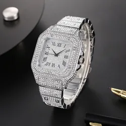 Luxury Men's Business Watches Steel Strap Square Roman Scale Rhinestone Quartz Watch Lesiure Male Wristwatch Relogio Masculino