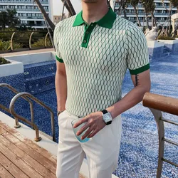 2023 Summer Diamond Plaid Knitted Polo Shirt Men's Ice Silk Short Sleeve Slim Fit Lapel T-shirt Streetwear Plus Size 4XL-M