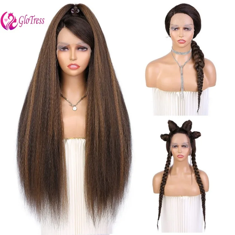 

Afro Yaki Wig for Women - 26 Inch Straight, Fluffy & Heat Resistant with Lace Silk Headband - Daily Wear, Glueless Comfort