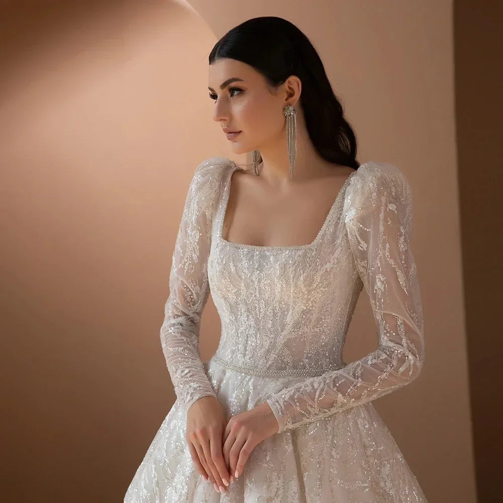 فساتين زفاف مخصصة من Vestidos De Noiva بأكمام طويلة ورقبة مربعة ترتر فساتين العروس على شكل حرف a الأميرة 2025 رداء De Mariée