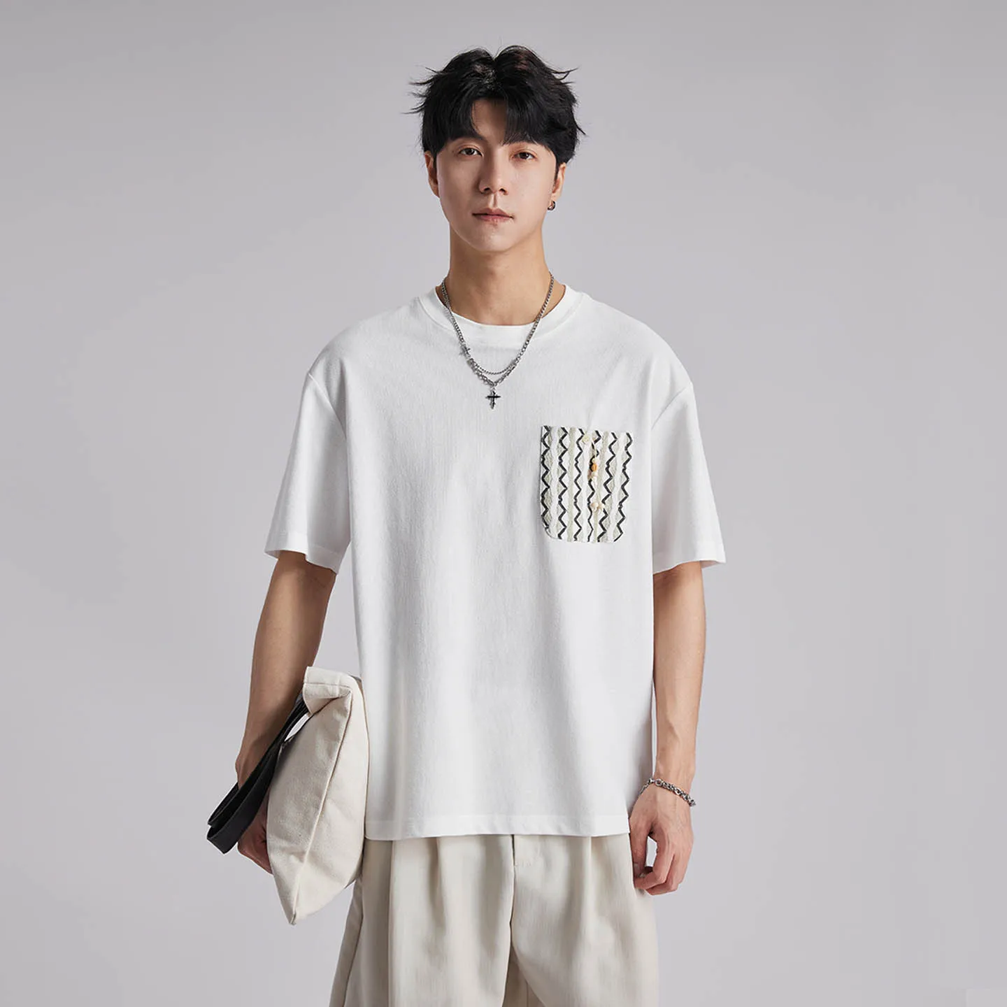 Men's Textured T-Shirt Color Block Wave Pocket 2026 Summer Loose Drop Shoulder Soft Breathable Casual Short Sleeve Tops