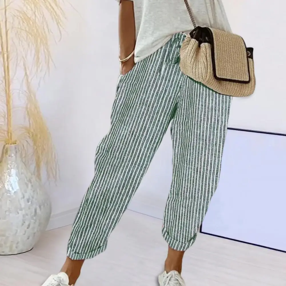 

Women Casual Pants Stylish Women's Elastic Waist Harem Pants with Pockets Vertical Striped Print Long Trousers for Office Beach