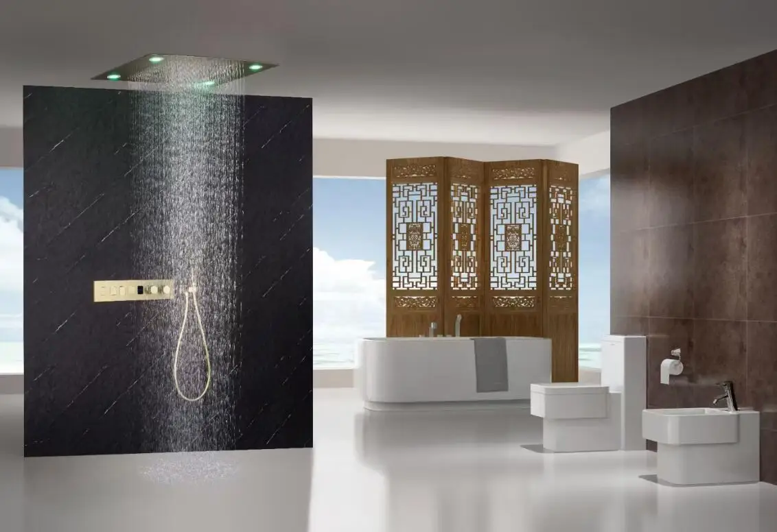 800*600 mm Luxury Ceiling LED Wall Mount Bathroom Thermostatic Brushed Gold Rain Waterfall Shower Set High Flow Shower System