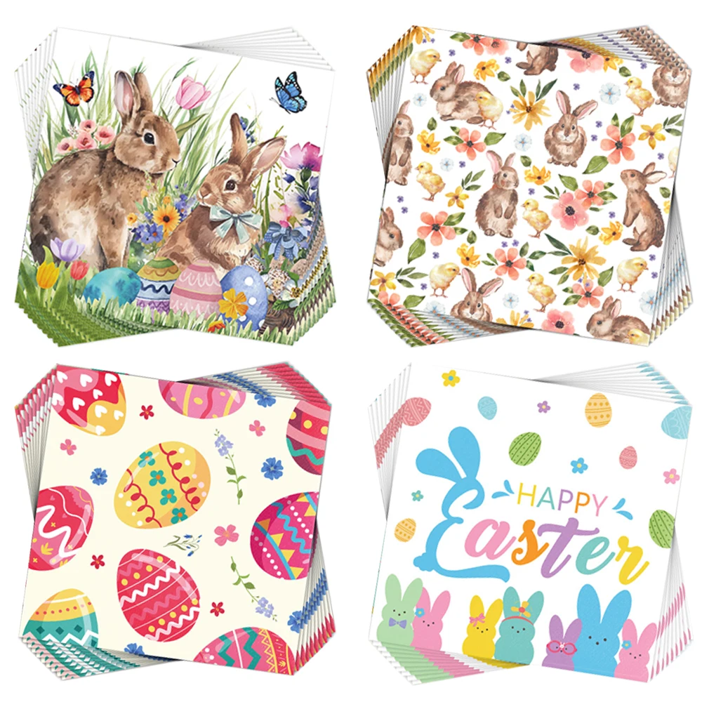 20/40/60pcs Easter Paper Napkins Colorful Easter Egg Bunny Disposable Napkins for Spring Floral Rabbit Napkins Birthday Party