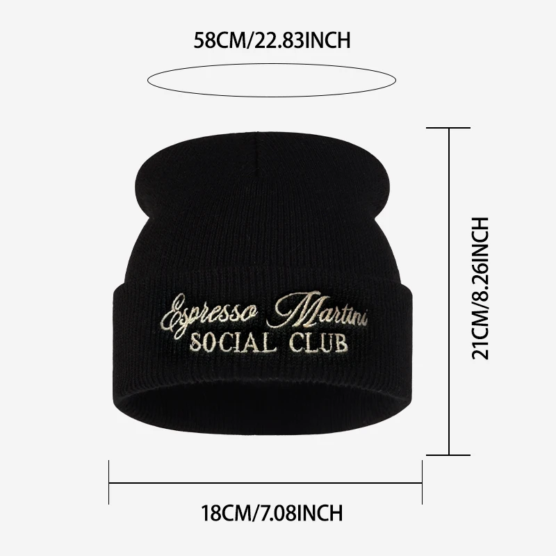 Retro Espresso Martini Social Club Embroidered Beanie Cozy Knitted Hat Bar Night Outfit Thanksgiving New Year Festival Party Acc