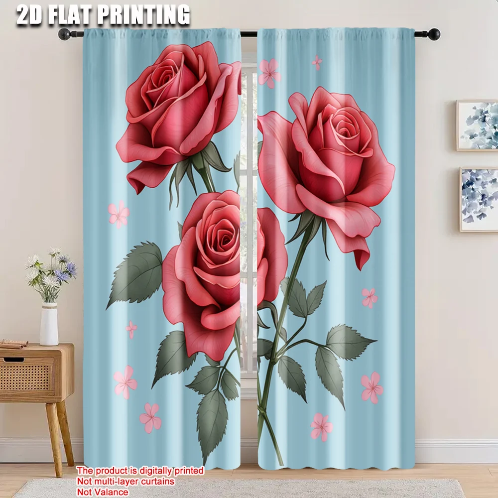 

2pcs, 2D flat printing Window Drapes red rose Blackout Polyester Holiday Decorations Perfect for Indoor Use bedroom decor