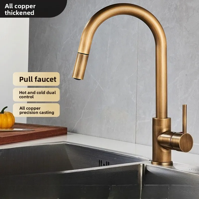 French Retro All‑Copper Pull‑Out Kitchen Sink Faucet, Anti‑Splash Hot & Cold Tap for Washing Basin