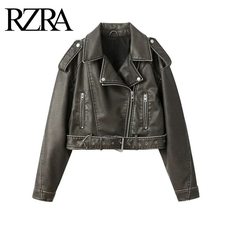 RZRA-chaqueta de cuero lavado con cinturón para mujer, abrigo corto con cremallera descendente y solapa vintage, 2024