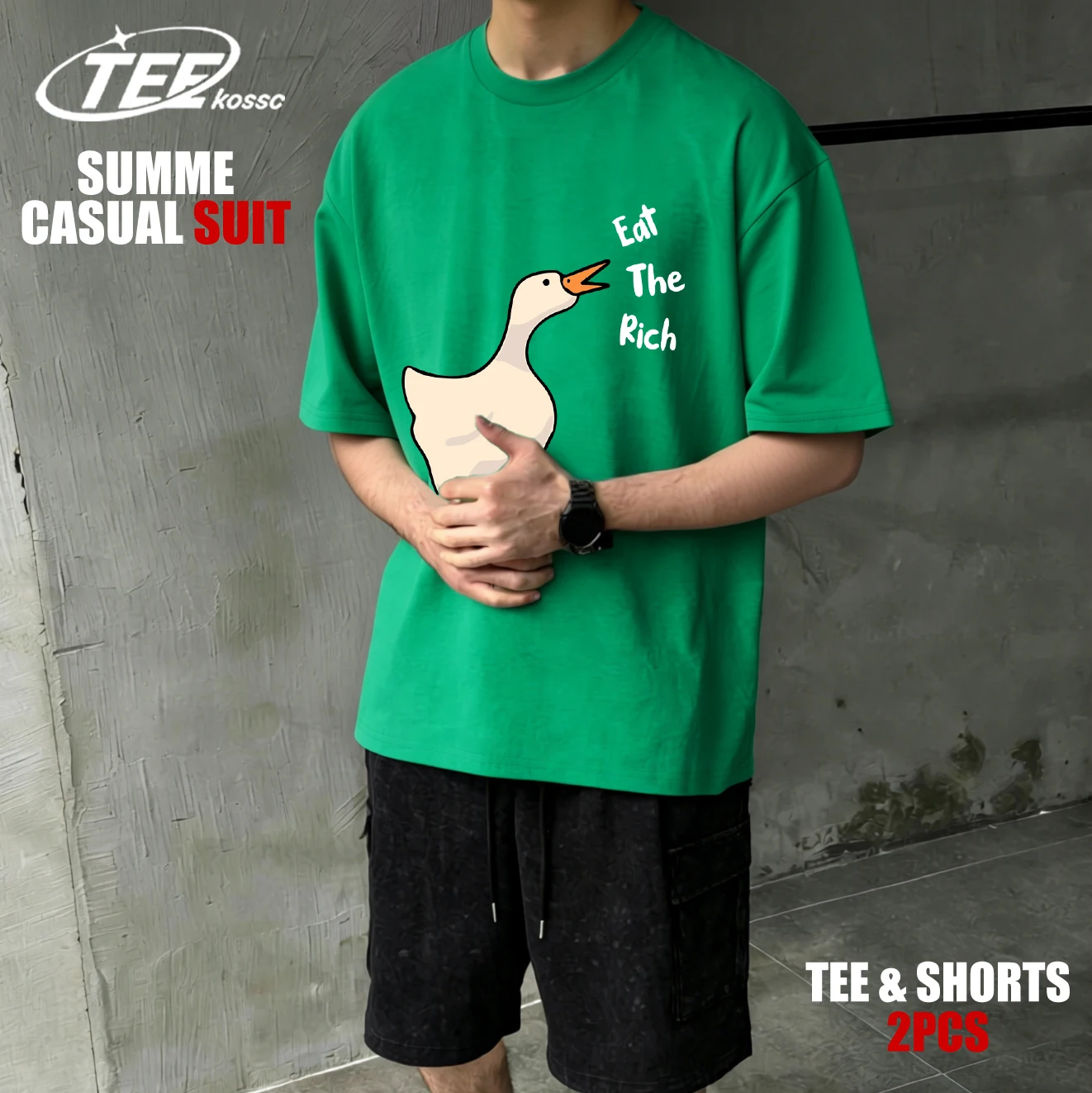 

Eat The Rich Goose Printed T Shirt Men Summer Loose Fashion T-Shirt Hip Hop O-Neck Shorts Set Unisex Casual Cotton Streetset