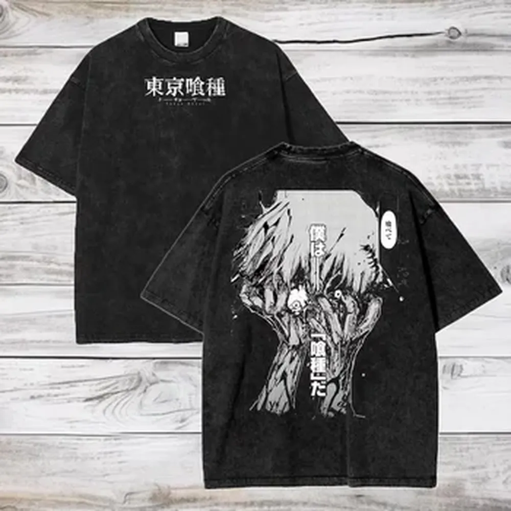 Tokyo Ghost Ken Kaneki T-shirt Manga Graphic Tshirt Vintage Washed Oversized T Shirt Men Women Clothing Short Sleeve Cotton Tees