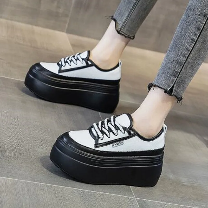 

8cm 2026 Cow Genuine Leather New Autumn Summer Spring Platform Wedges Vulcanized Lace Up Casual Women Chunky Sneakers Lady Shoes
